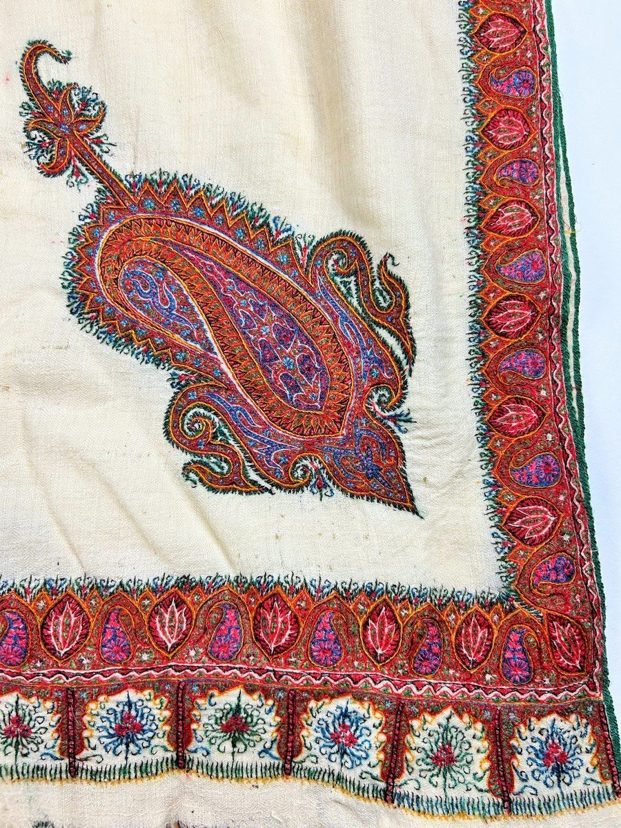 Very Long Cashmere Shawl In Amlikar Embroidered Pashmina - India Circa 1880-photo-6