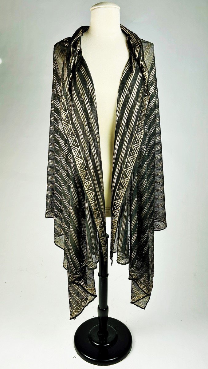 Shawl Stole Said Assuit In Cotton Voile And Golden Metal Slats - Egypt Circa 1930-1940-photo-2