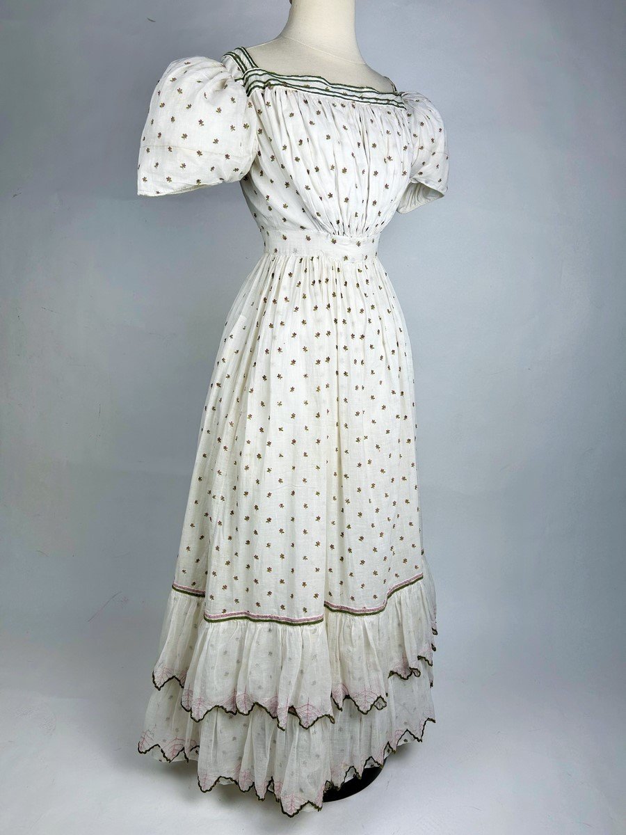 Summer Day Dress In Cotton Muslin Embroidered With Wool Circa 1820-1825-photo-3