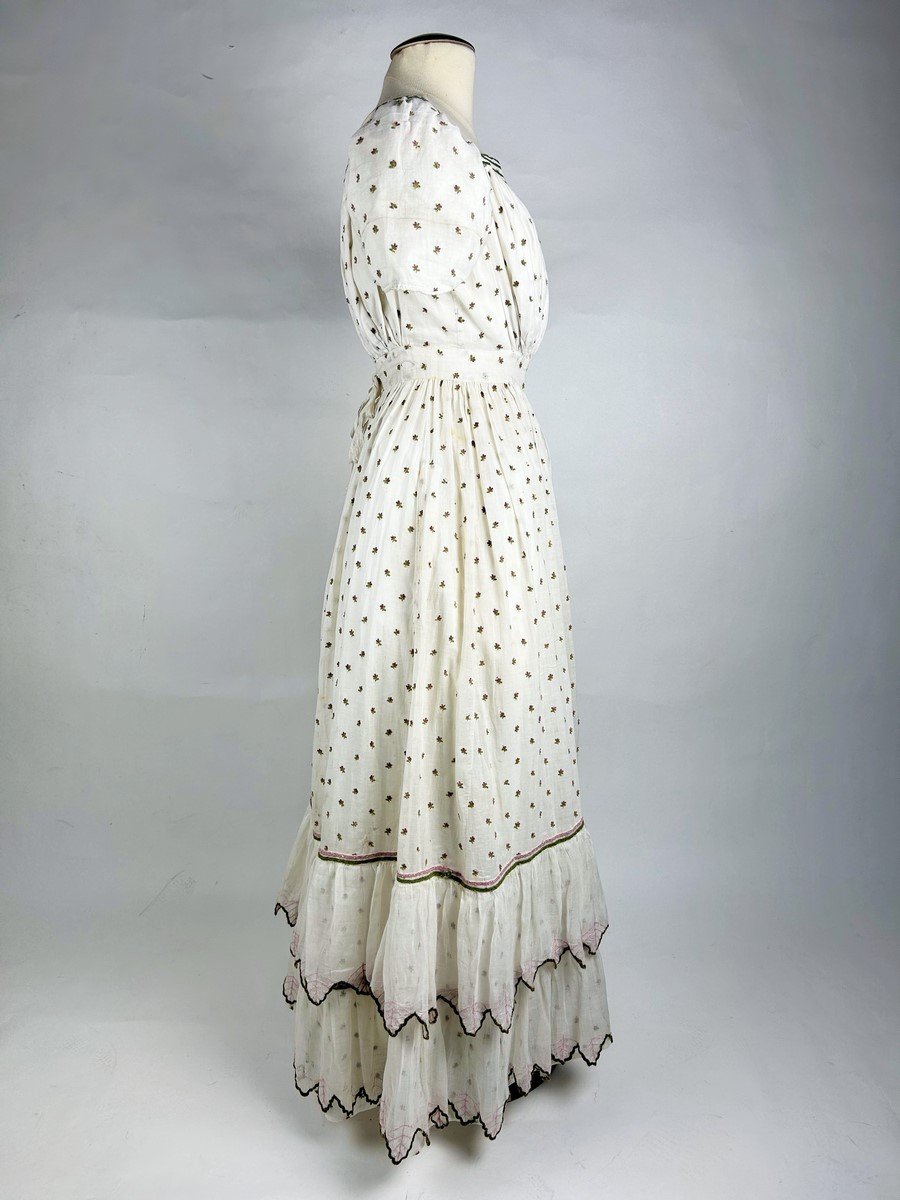 Summer Day Dress In Cotton Muslin Embroidered With Wool Circa 1820-1825-photo-4
