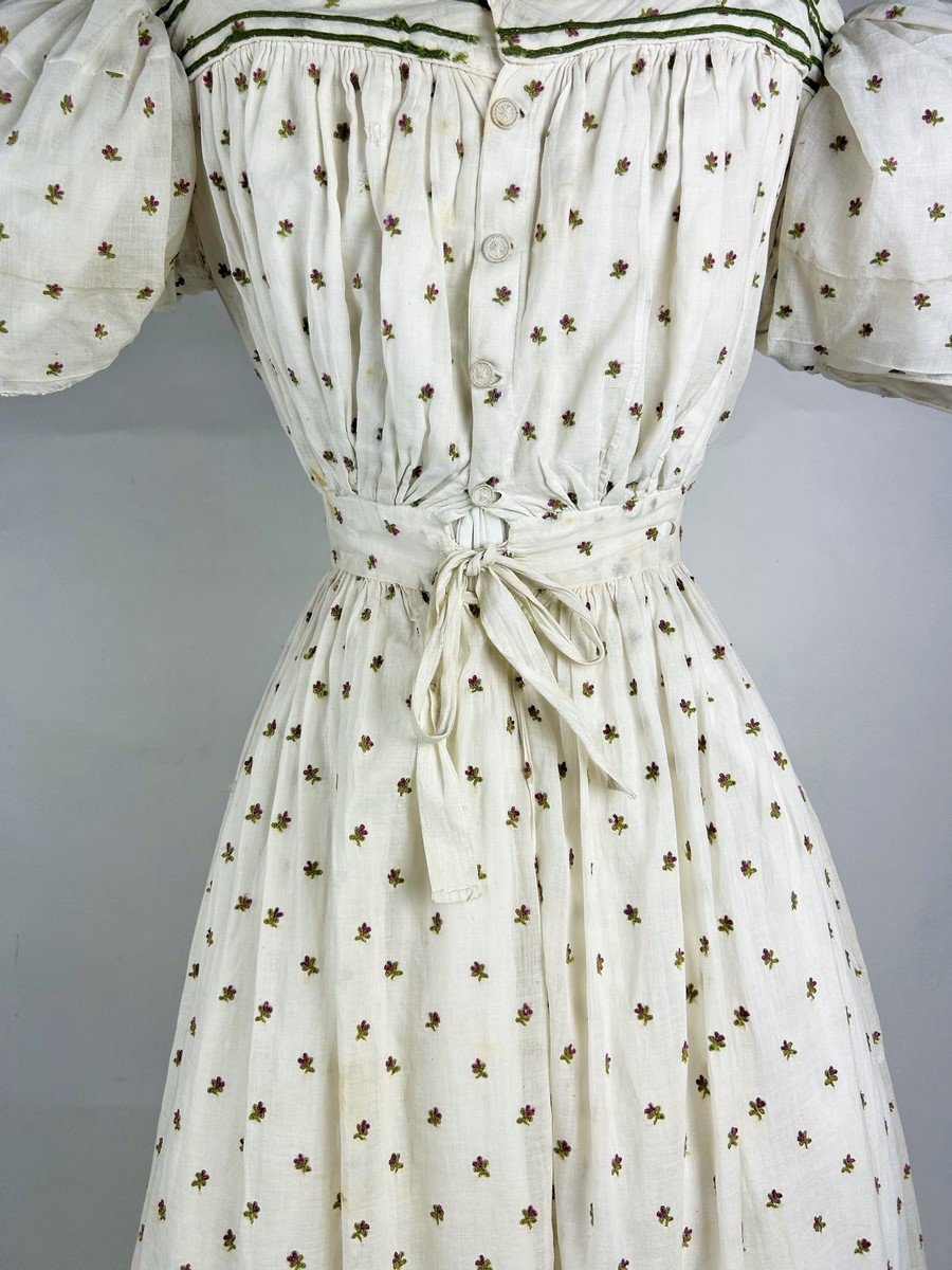Summer Day Dress In Cotton Muslin Embroidered With Wool Circa 1820-1825-photo-5