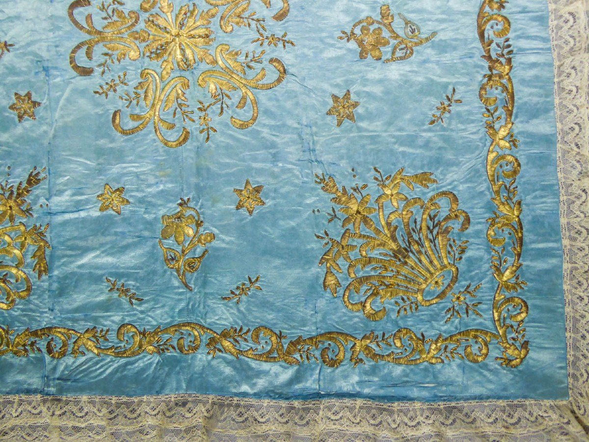 Satin Bleu-ciel Brodé De Fil d'Or, Dessus De Coffre - Empire Ottoman Fin XIXe Siècle-photo-3