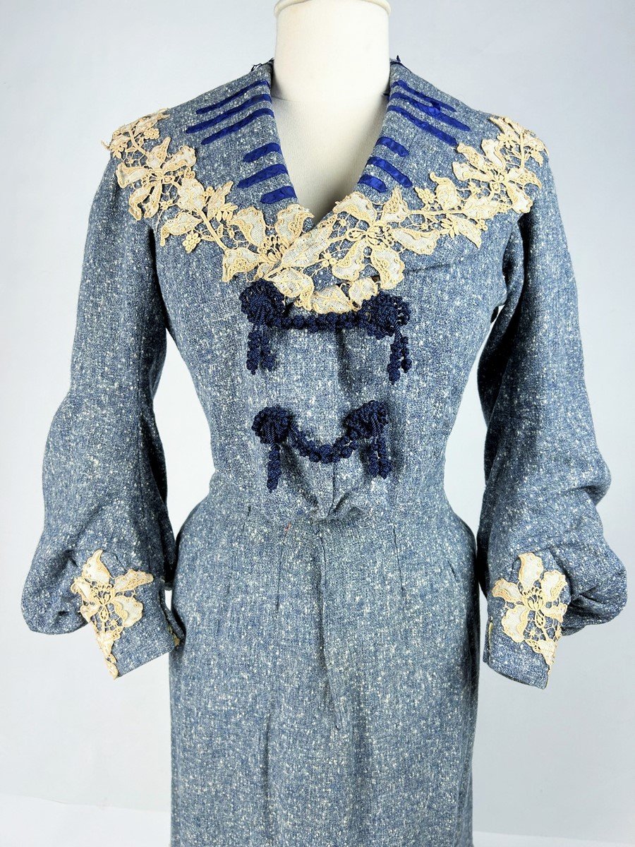 Robe De Jour Belle Epoque En Laine Chinée Bleu - France Circa 1905-photo-2