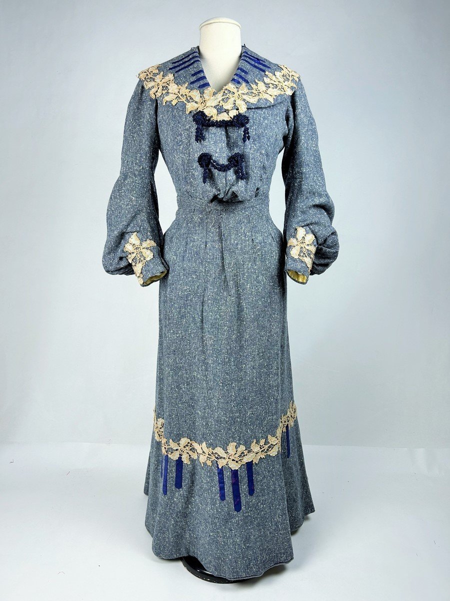 Robe De Jour Belle Epoque En Laine Chinée Bleu - France Circa 1905-photo-3