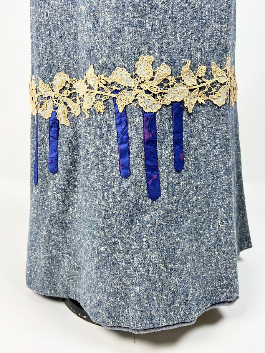 Robe De Jour Belle Epoque En Laine Chinée Bleu - France Circa 1905-photo-3
