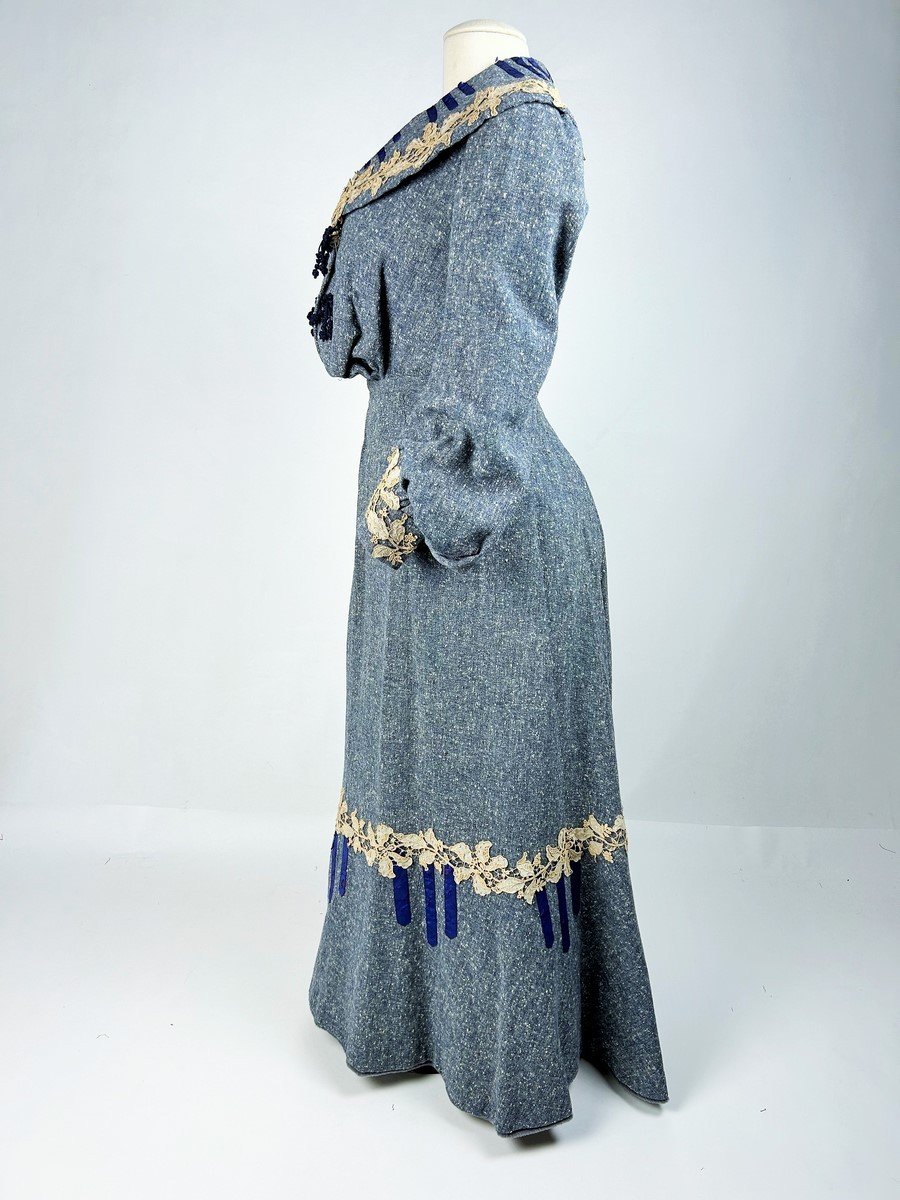 Robe De Jour Belle Epoque En Laine Chinée Bleu - France Circa 1905-photo-4