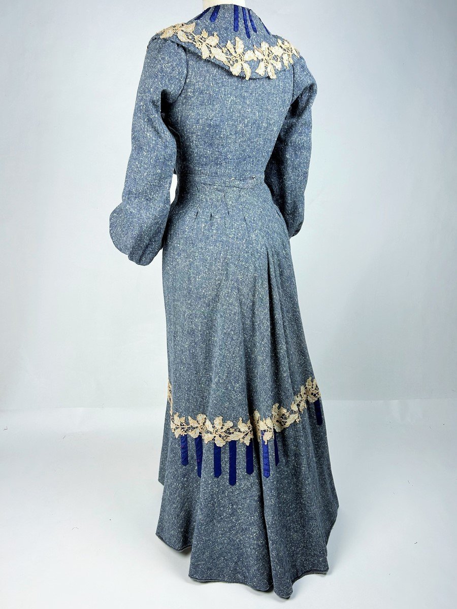 Robe De Jour Belle Epoque En Laine Chinée Bleu - France Circa 1905-photo-5