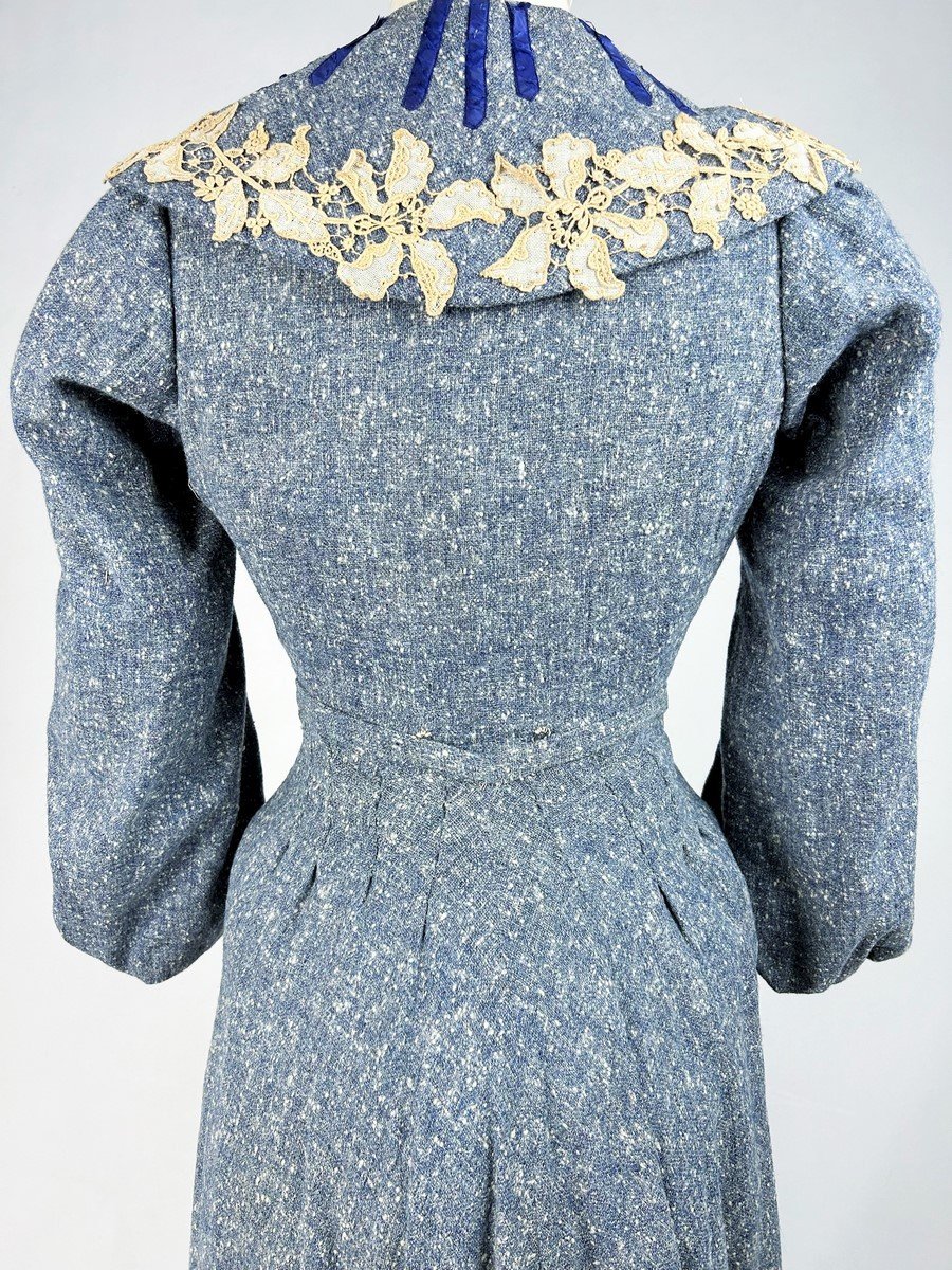 Robe De Jour Belle Epoque En Laine Chinée Bleu - France Circa 1905-photo-6