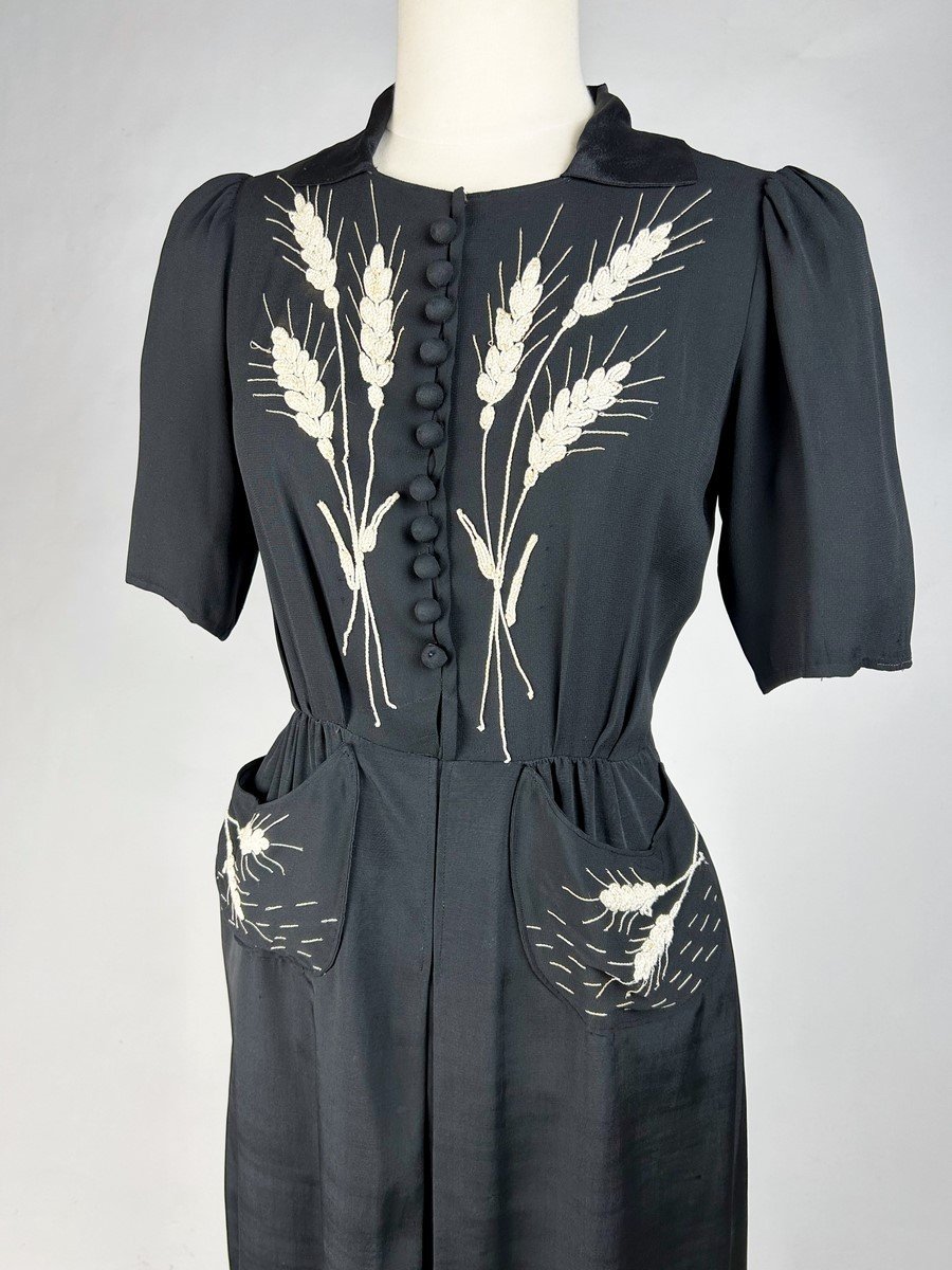 Little Black Dress With Embroidered Wheat Ears - France Circa 1945 