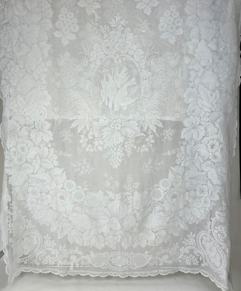 Curtain In Woven Cotton Voile With Large Hunting And Fruit Decor - France Circa 1850