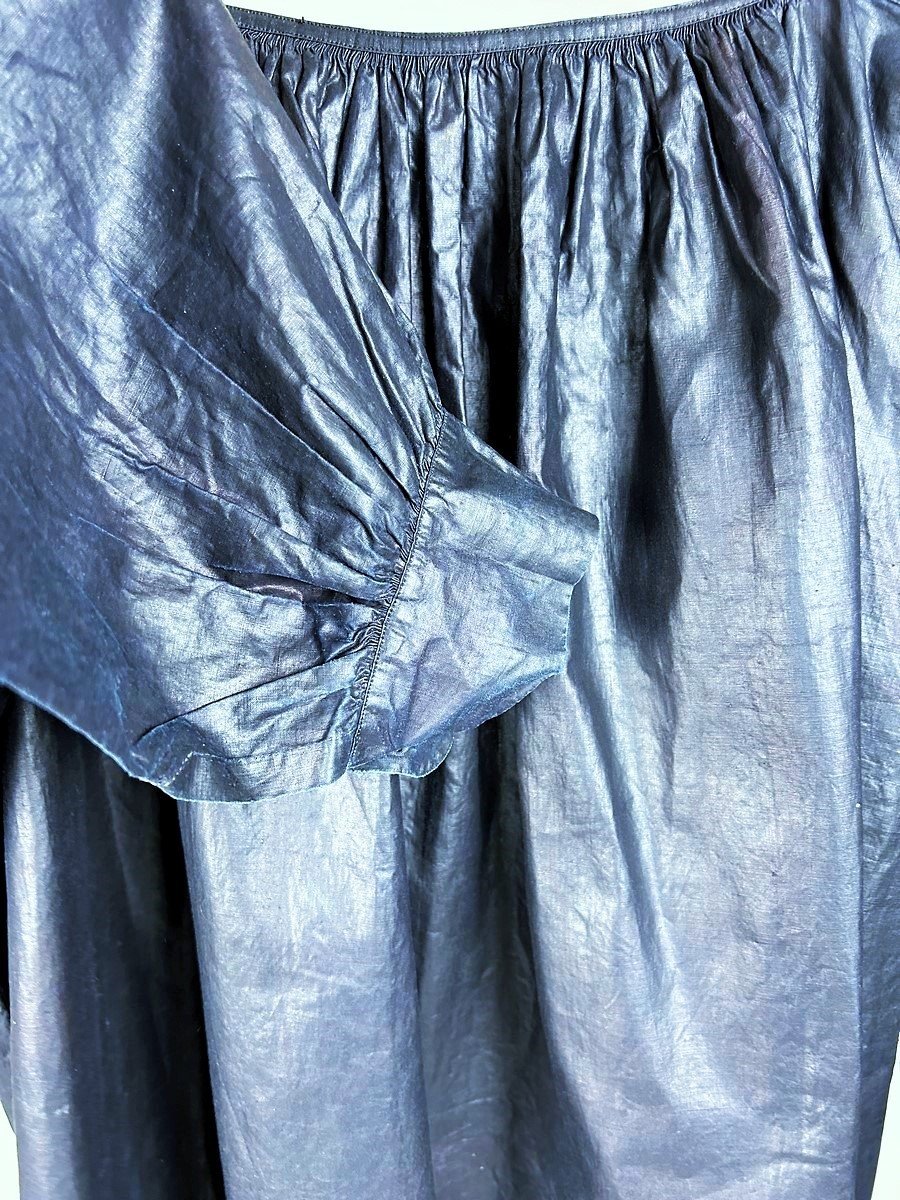 Une Blaude/biaude Ou Blouse De Fête En Coton Glacé Teint Indigo - France Circa 1850/1900-photo-4