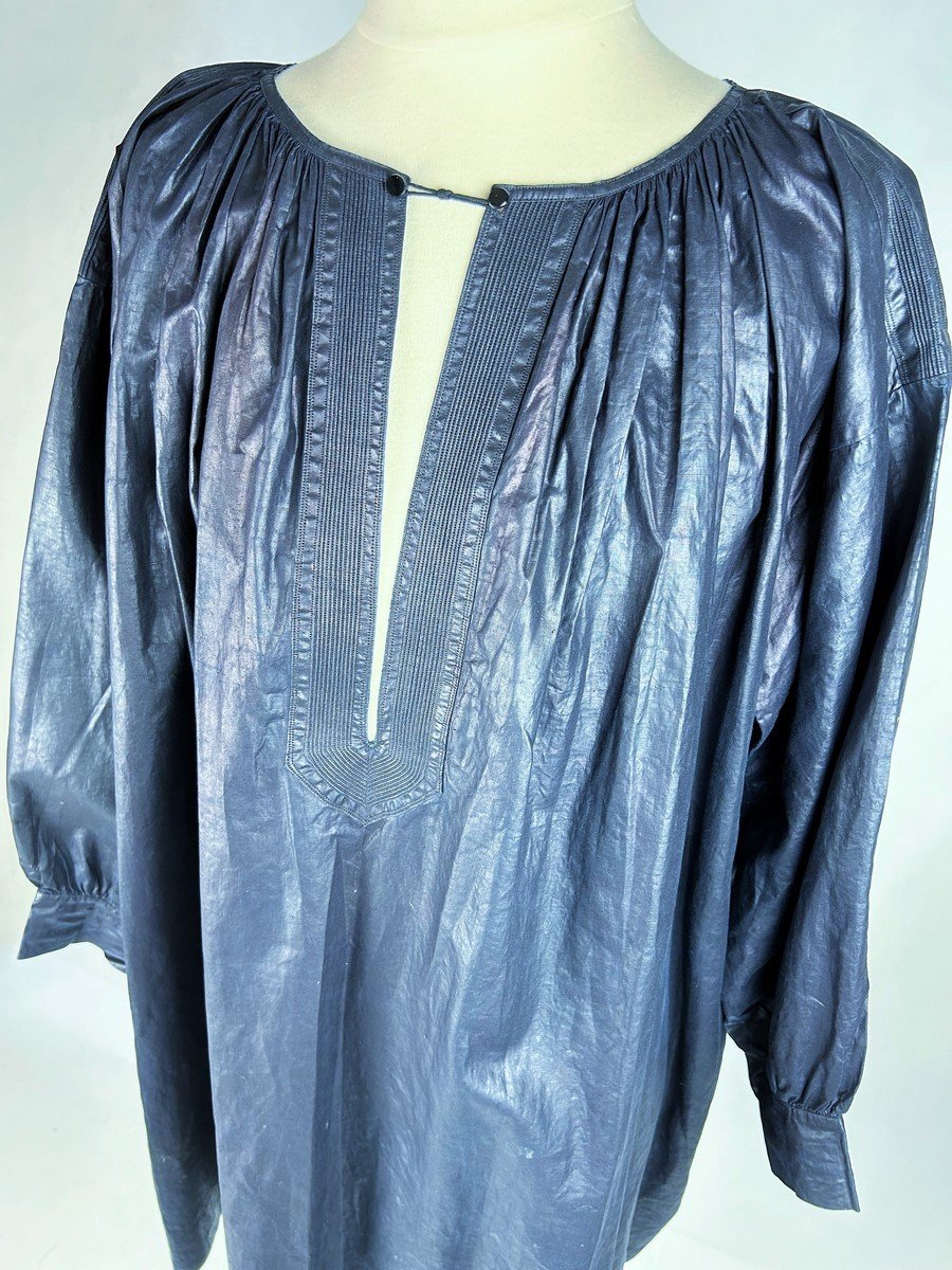 Une Blaude/biaude Ou Blouse De Fête En Coton Glacé Teint Indigo - France Circa 1850/1900-photo-4