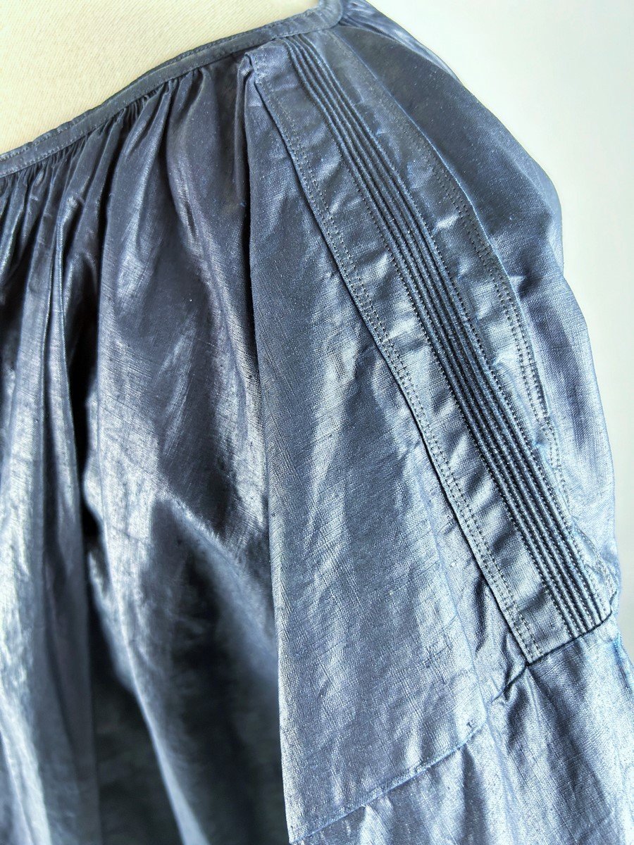 Une Blaude/biaude Ou Blouse De Fête En Coton Glacé Teint Indigo - France Circa 1850/1900-photo-8