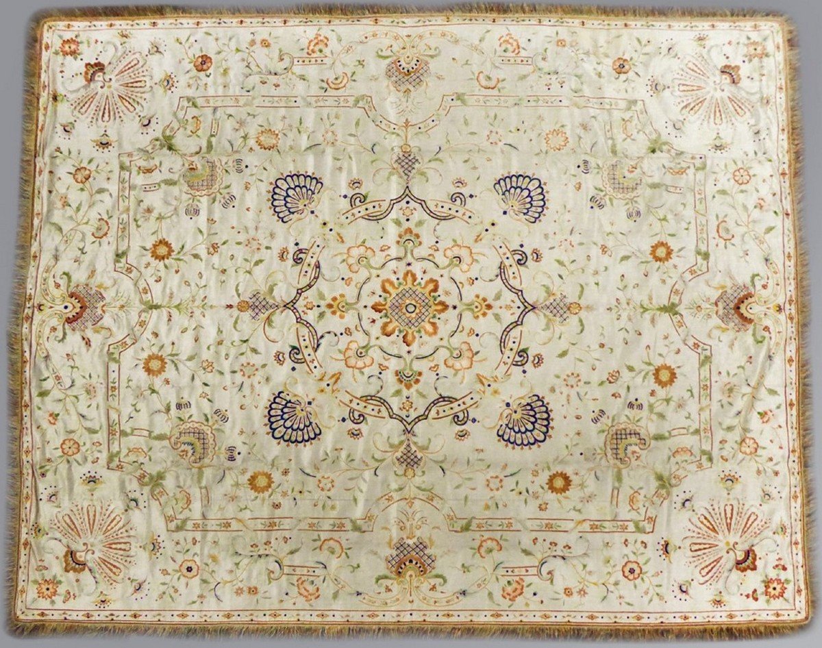 Tapestry Hanging In Embroidered Satin - Compagnie Des Indes Late 18th-photo-2