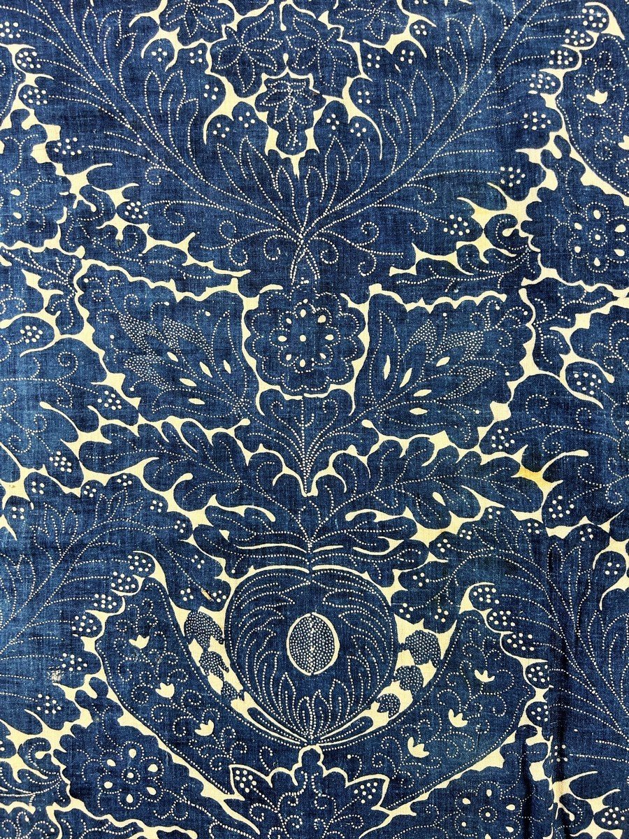 Pente De Lit En Siamoise Imprimée à La Réserve De Cire Indigo - France Circa 1780-photo-3