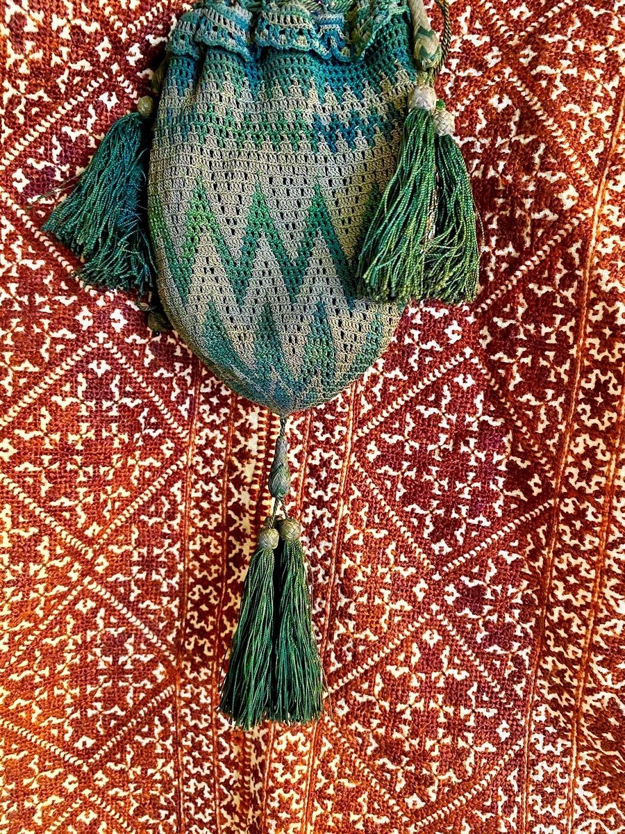 Réticule En Maille De Fils De Soie Vert Et Argent En Zig-zag - France Circa 1810-1830-photo-2