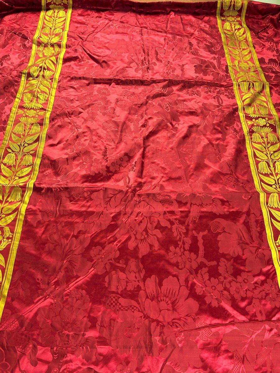 Charles X Alcove Bedspread In Cherry And Gold Damask - France Circa 1825-photo-3