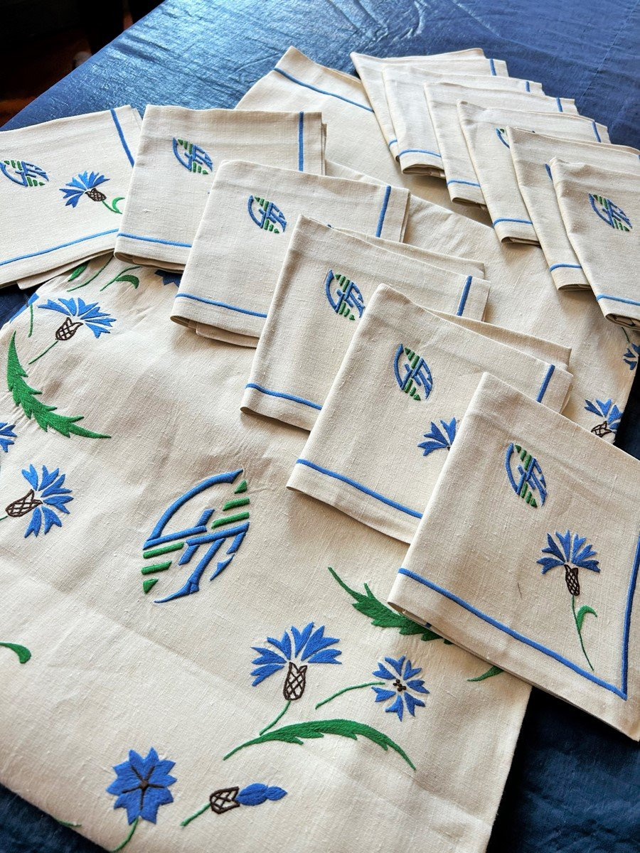 Service De Table Champêtre, Nappe Et Douze Serviettes En Lin Brodé Siglé Gt - France Circa 1930-photo-2