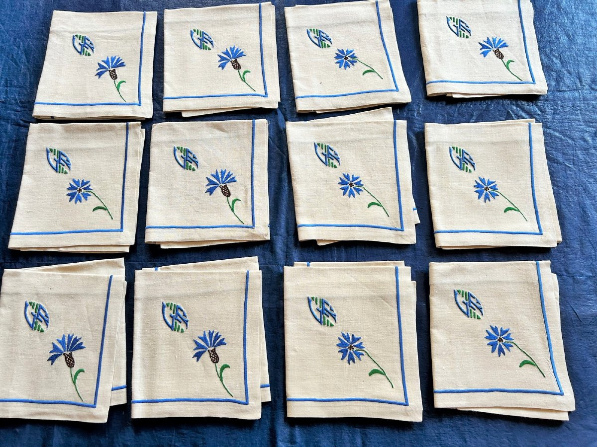 Service De Table Champêtre, Nappe Et Douze Serviettes En Lin Brodé Siglé Gt - France Circa 1930-photo-3