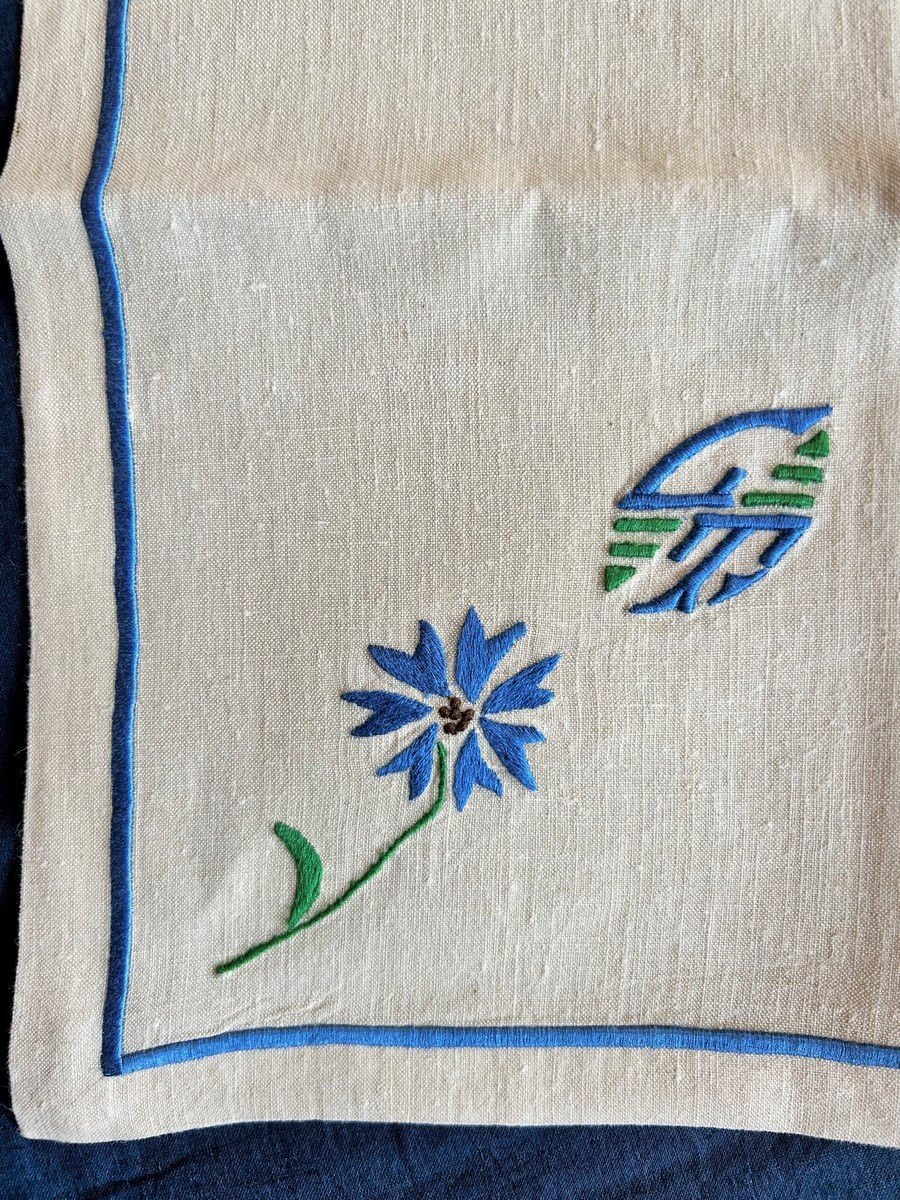 Service De Table Champêtre, Nappe Et Douze Serviettes En Lin Brodé Siglé Gt - France Circa 1930-photo-2