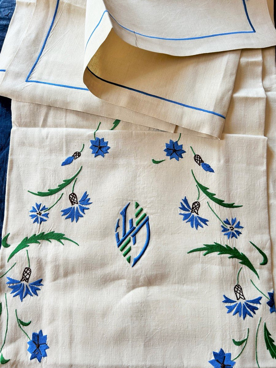 Service De Table Champêtre, Nappe Et Douze Serviettes En Lin Brodé Siglé Gt - France Circa 1930-photo-3