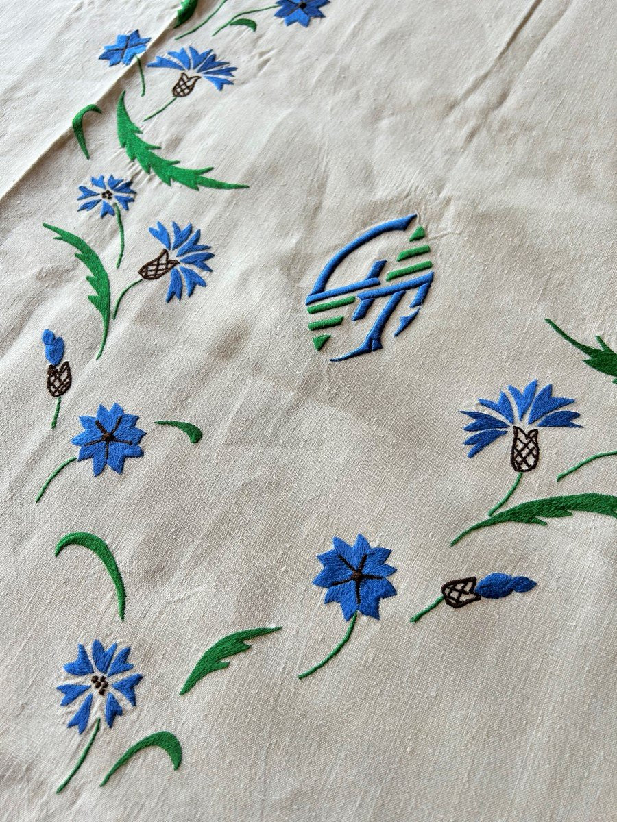 Service De Table Champêtre, Nappe Et Douze Serviettes En Lin Brodé Siglé Gt - France Circa 1930-photo-6