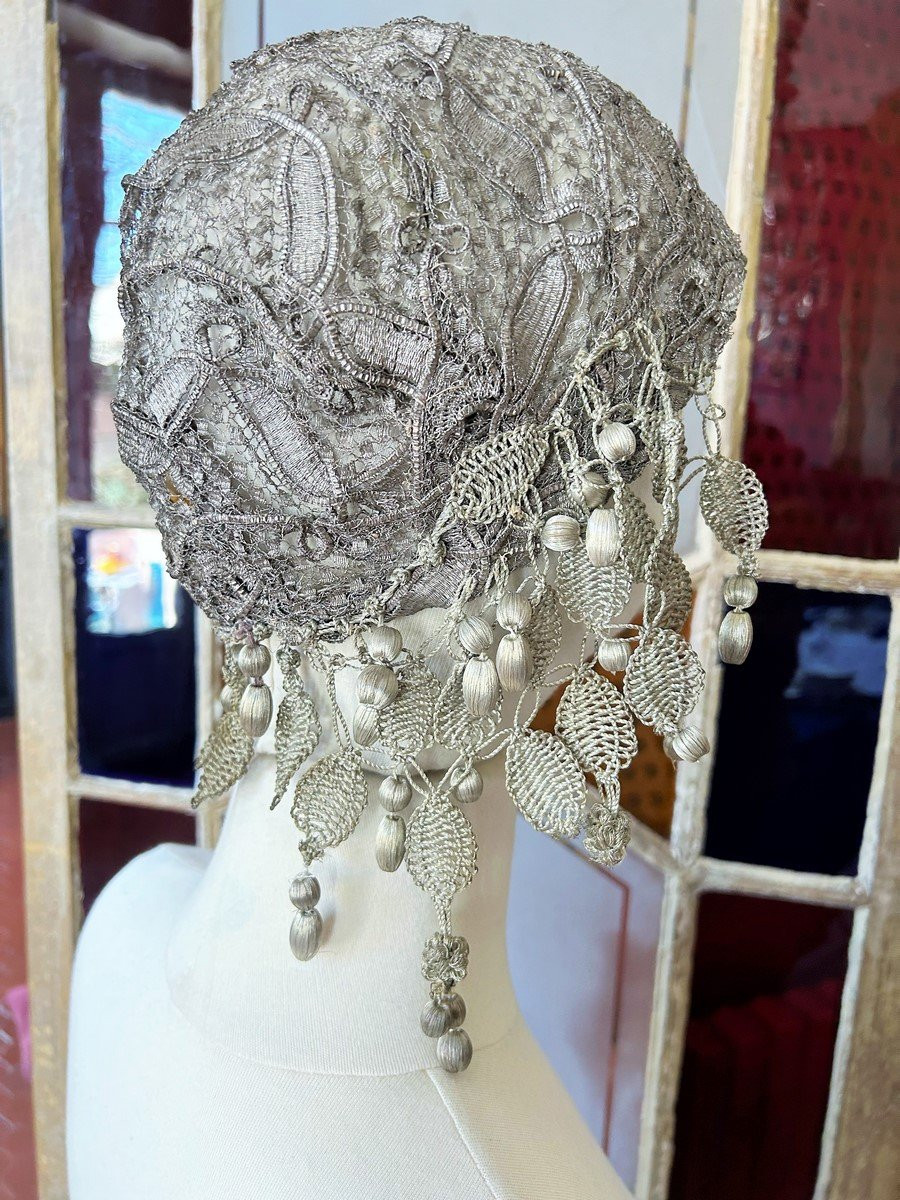 Capote De Bal Art Déco En Résille d'Argent Brodée - France Circa 1925-photo-1