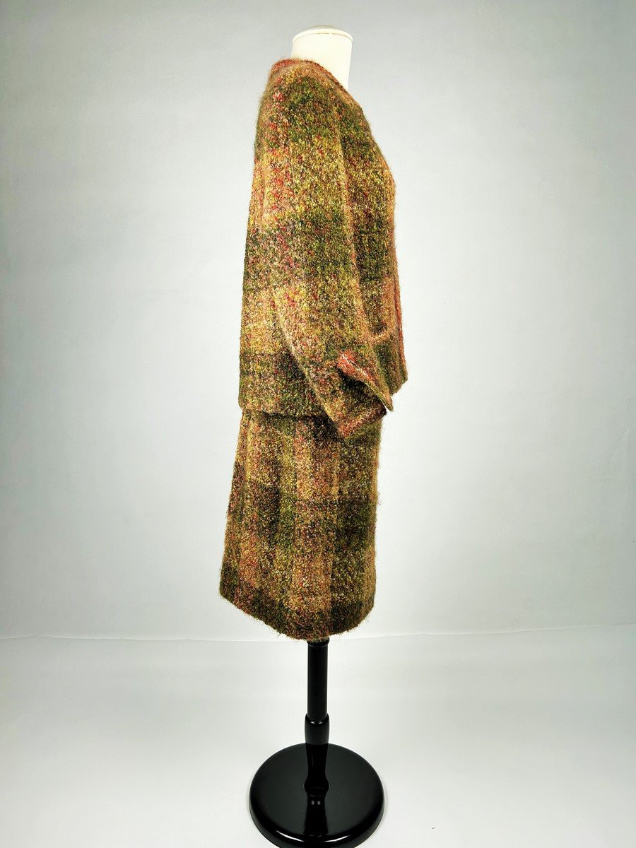 Tailleur Jupe De Gabrielle Chanel Haute Couture En Plaid à Mohair Bouclé Circa 1955-1960-photo-3