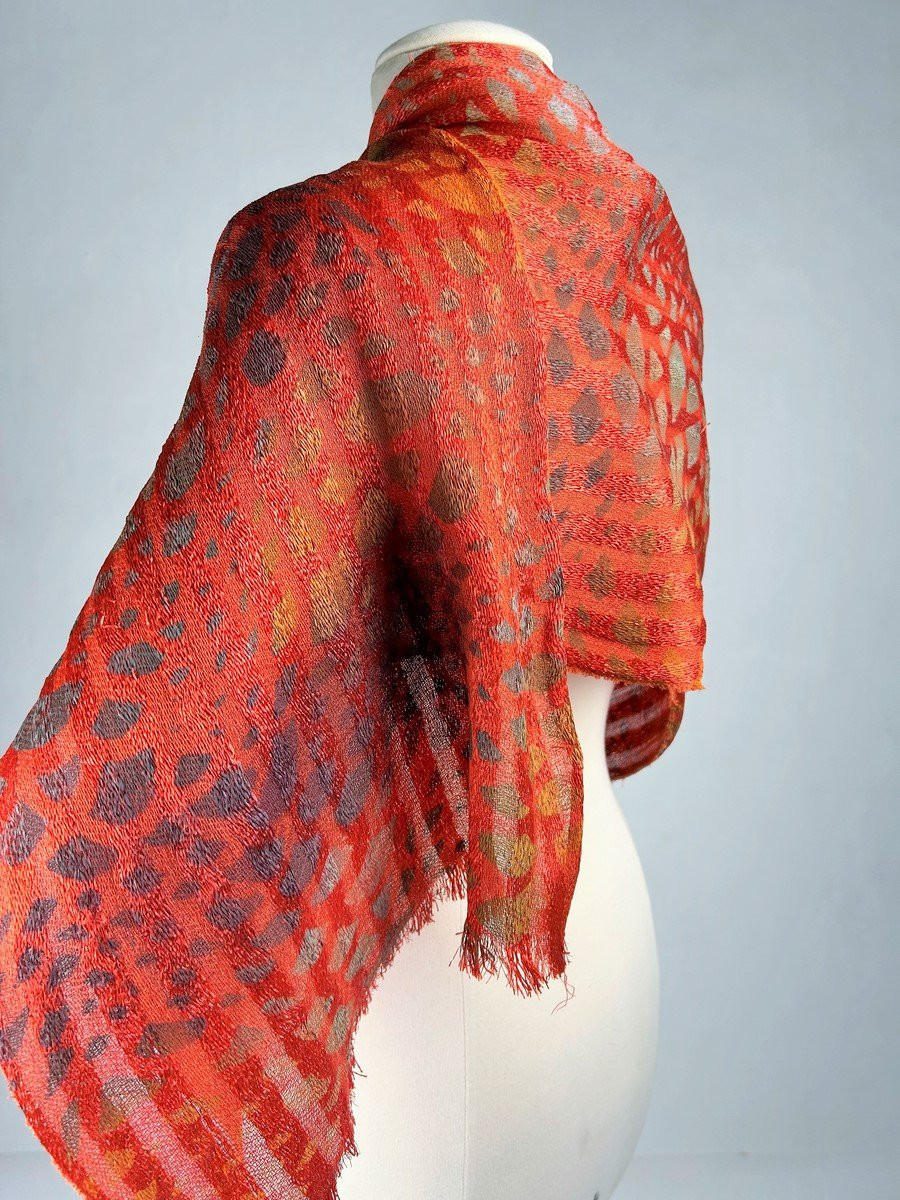 Art Deco Scarf In Rafia And Stencil-printed Linen - France Circa 1925-photo-4
