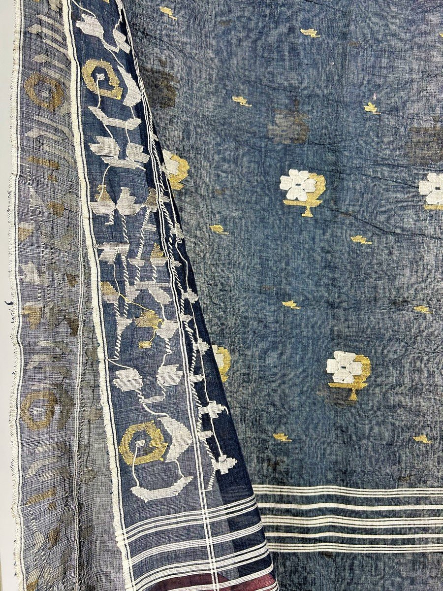 Jamdani teint indigo ou voile de Coton Broché Du Bengale - Indes Circa 1950-photo-3