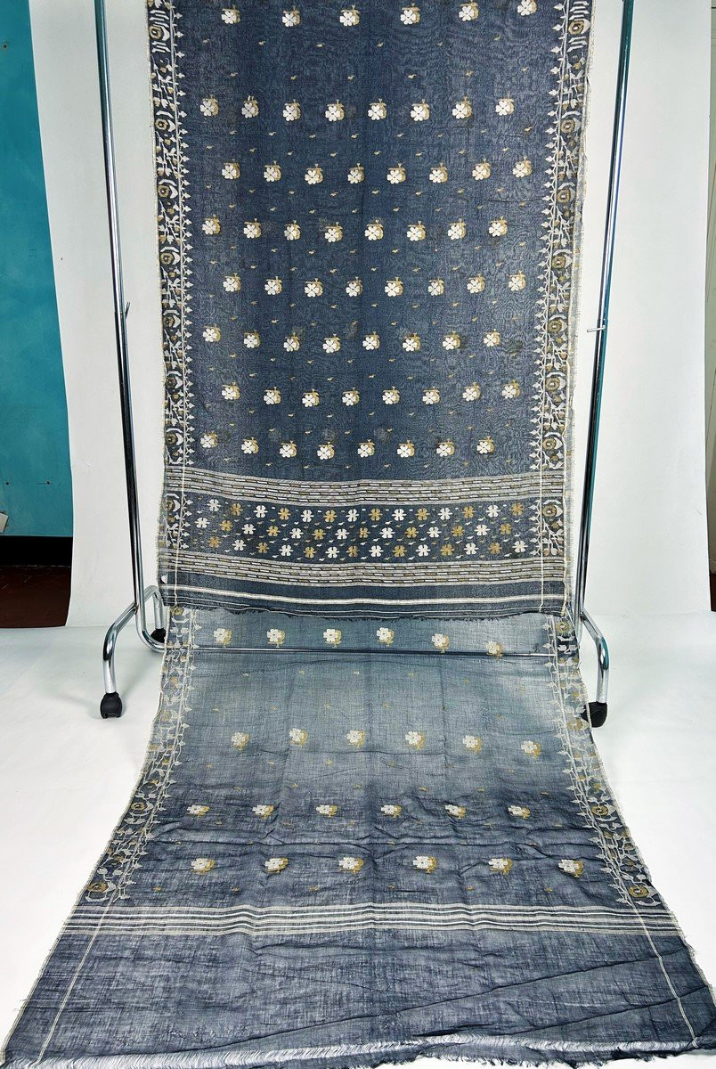 Jamdani teint indigo ou voile de Coton Broché Du Bengale - Indes Circa 1950-photo-4