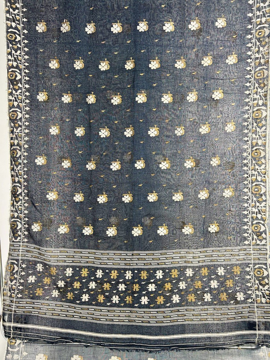 Jamdani teint indigo ou voile de Coton Broché Du Bengale - Indes Circa 1950-photo-1
