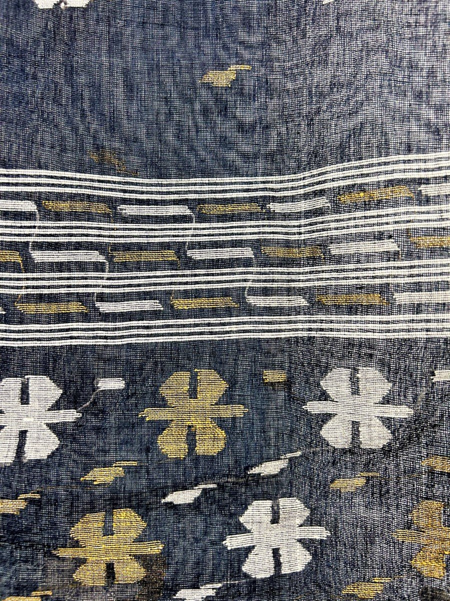 Jamdani teint indigo ou voile de Coton Broché Du Bengale - Indes Circa 1950-photo-2