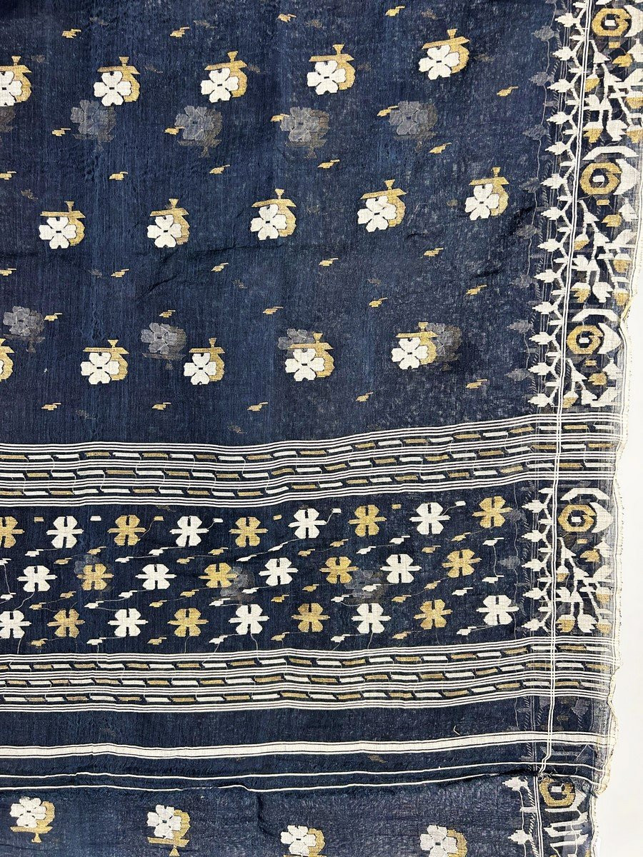 Jamdani teint indigo ou voile de Coton Broché Du Bengale - Indes Circa 1950-photo-4