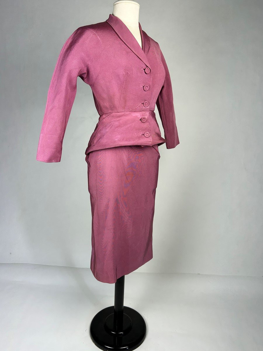 Lilac Silk Ottoman Skirt Suit After Jacques Griffe - Paris Circa 1951-photo-2