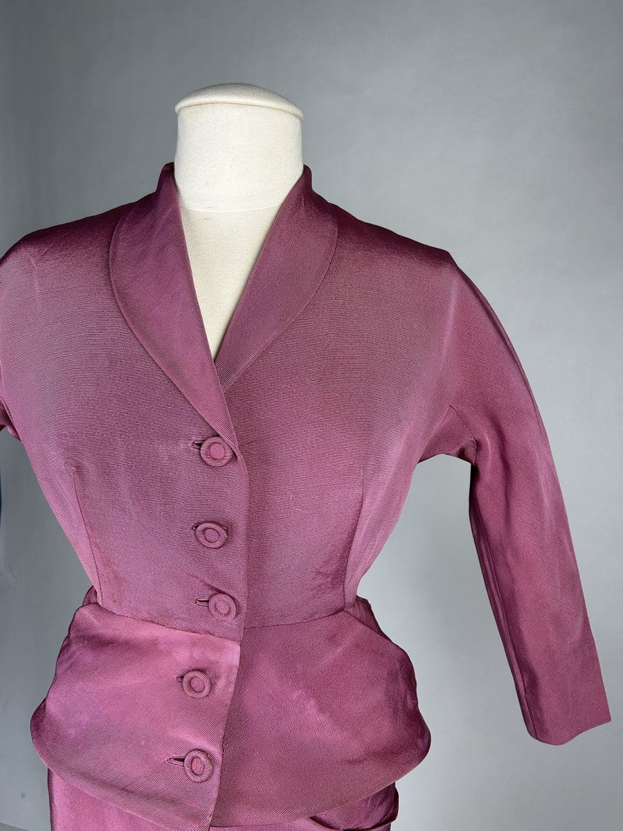 Lilac Silk Ottoman Skirt Suit After Jacques Griffe - Paris Circa 1951-photo-4