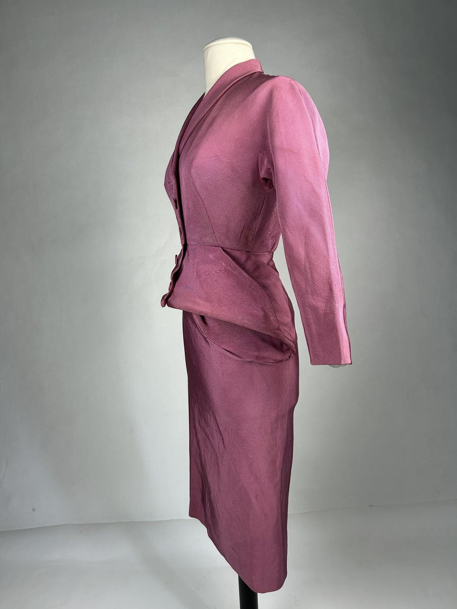 Lilac Silk Ottoman Skirt Suit After Jacques Griffe - Paris Circa 1951-photo-1