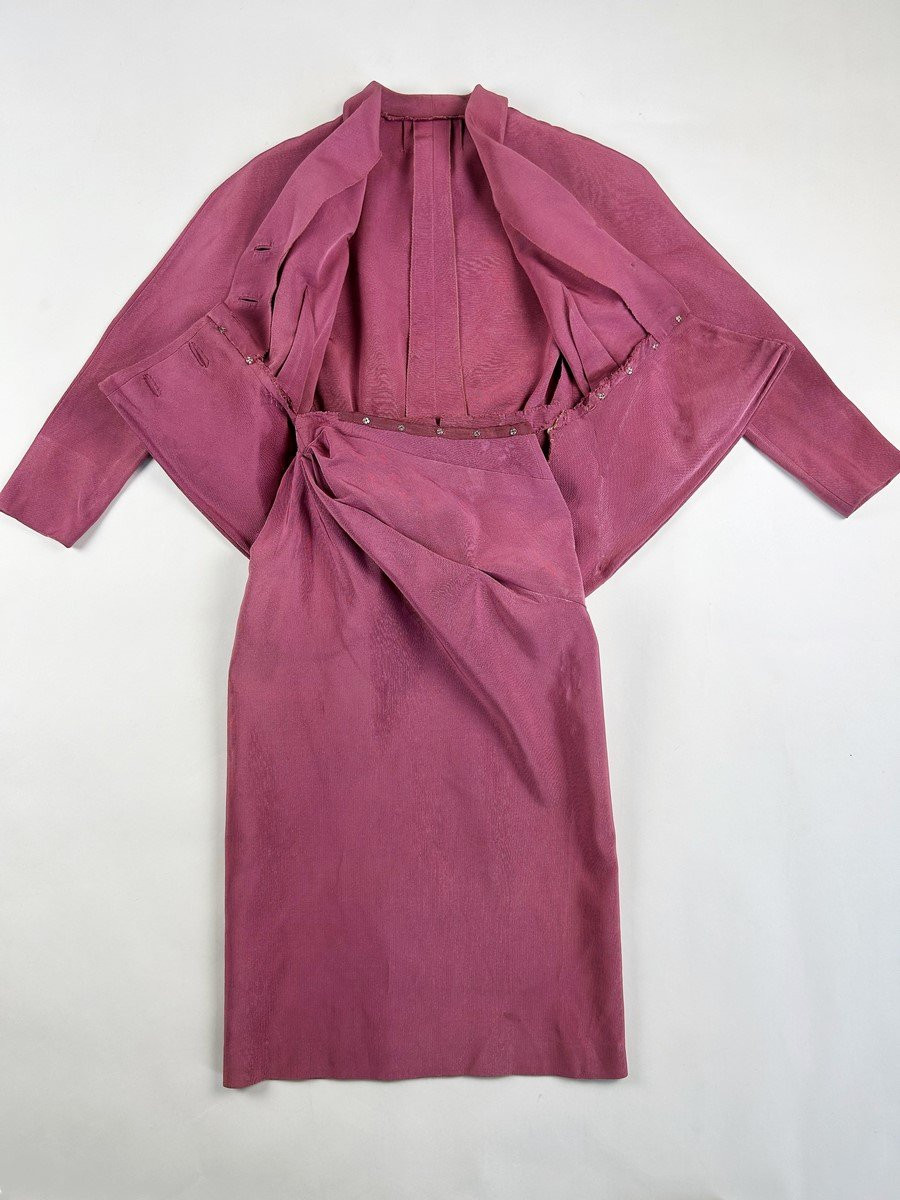 Lilac Silk Ottoman Skirt Suit After Jacques Griffe - Paris Circa 1951-photo-4