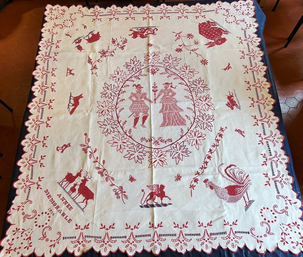 Nappe Brodée Patriotique - Alsace Circa 1914-photo-2