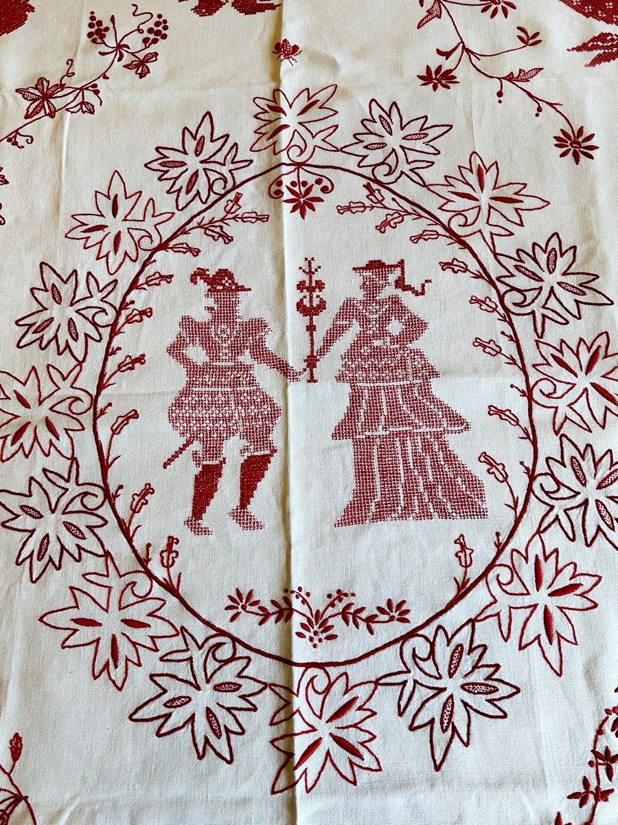 Nappe Brodée Patriotique - Alsace Circa 1914-photo-3