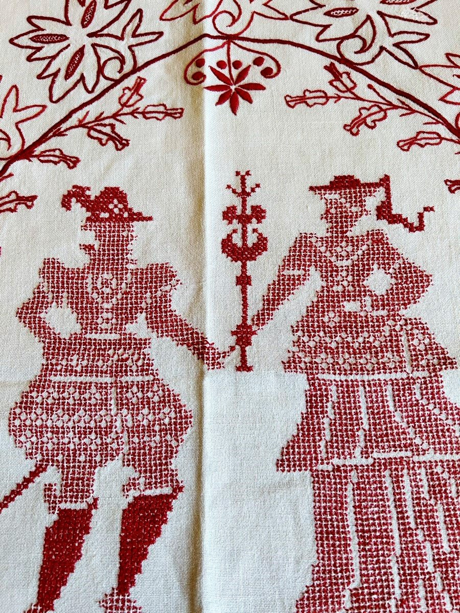 Nappe Brodée Patriotique - Alsace Circa 1914-photo-4
