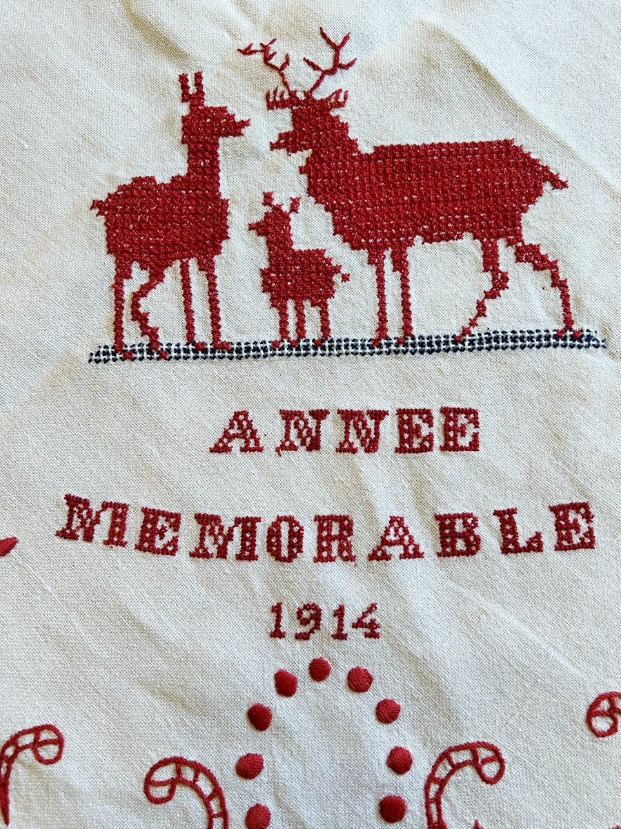 Nappe Brodée Patriotique - Alsace Circa 1914-photo-4