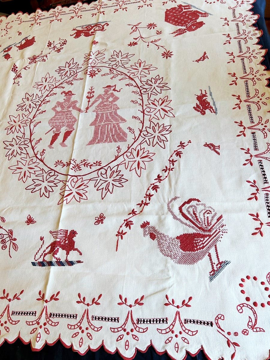 Nappe Brodée Patriotique - Alsace Circa 1914-photo-7