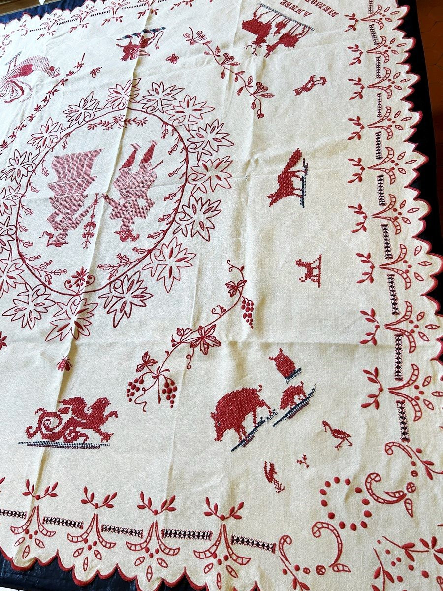 Nappe Brodée Patriotique - Alsace Circa 1914-photo-8