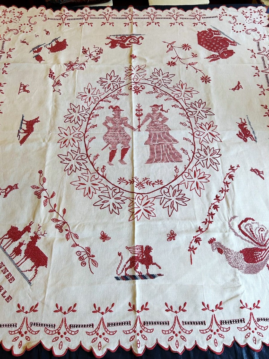 Nappe Brodée Patriotique - Alsace Circa 1914
