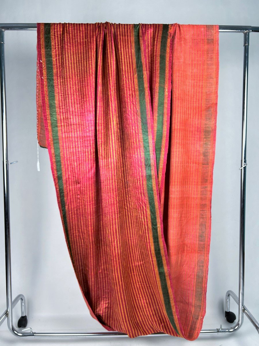 Long Sari indien en satin tissé à rayures Circa 1920-photo-2