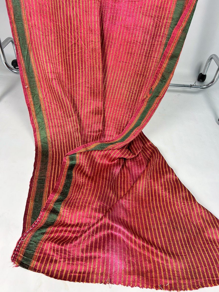 Long Sari indien en satin tissé à rayures Circa 1920-photo-3