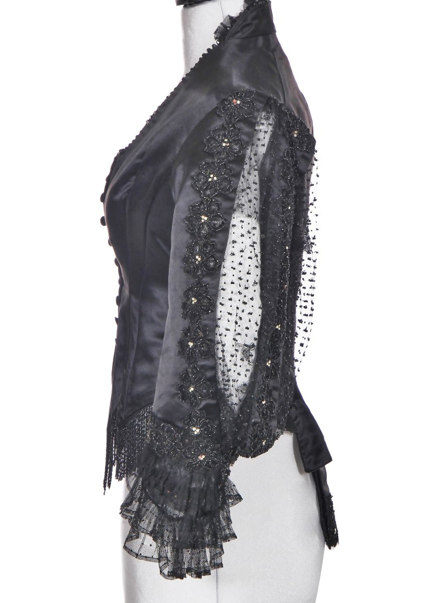 Jean-philippe Worth - Boned Day Bodice In Black Satin And Jet Pearls - Paris C. 1890-photo-3