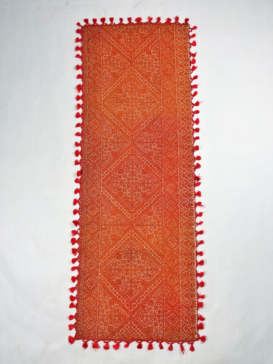 Dessus de coffre en Broderie de Fès et camaieu d'orange - Maroc Fin XIXe siècle -photo-2