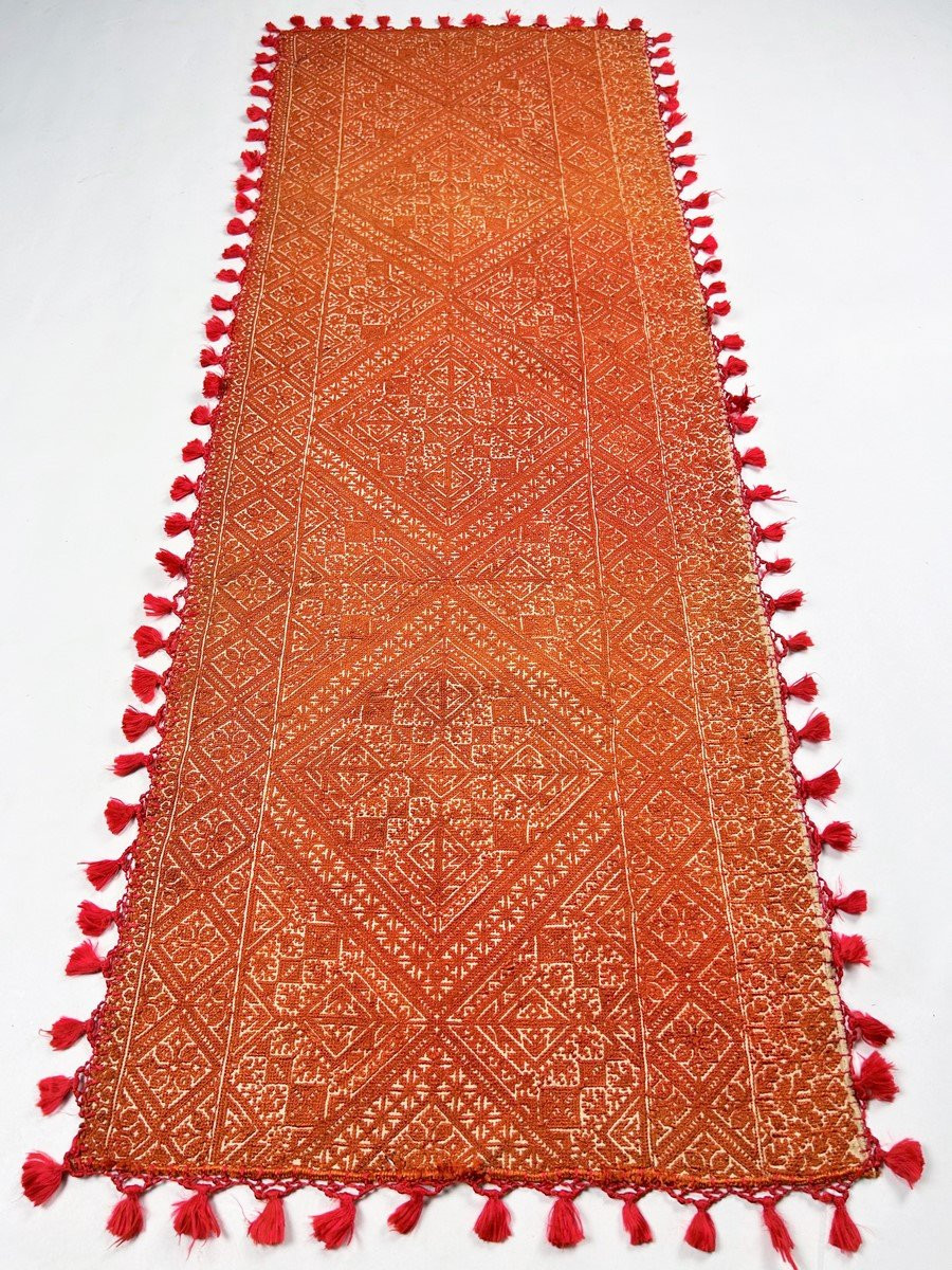 Dessus de coffre en Broderie de Fès et camaieu d'orange - Maroc Fin XIXe siècle -photo-3